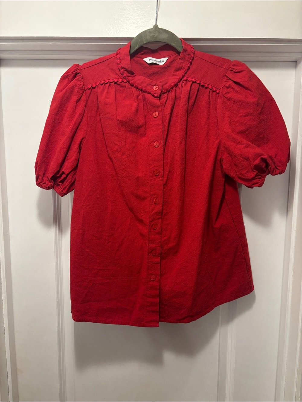 Puff-Sleeve Button-Front Blouse in Bright Red by Pretty Garden - Medium